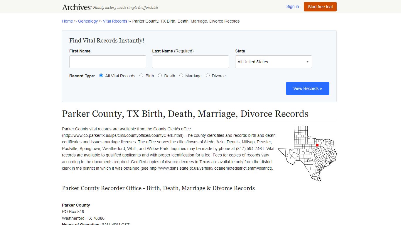Parker County, TX Birth, Death, Marriage, Divorce Records