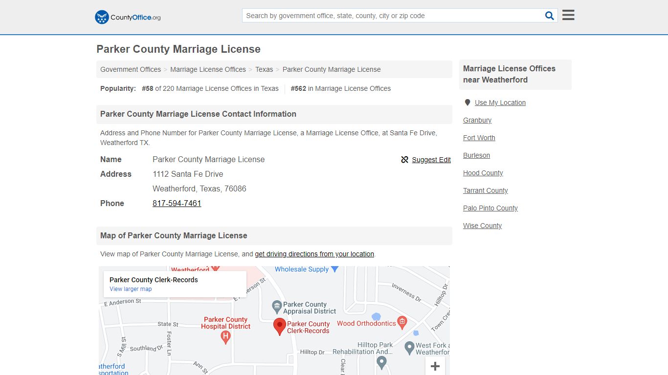 Parker County Marriage License - Weatherford, TX (Address ...